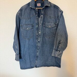 Levis Denim Western Shirt Jacket Blue Oversized Women’s Sz X Large Pearl Snap